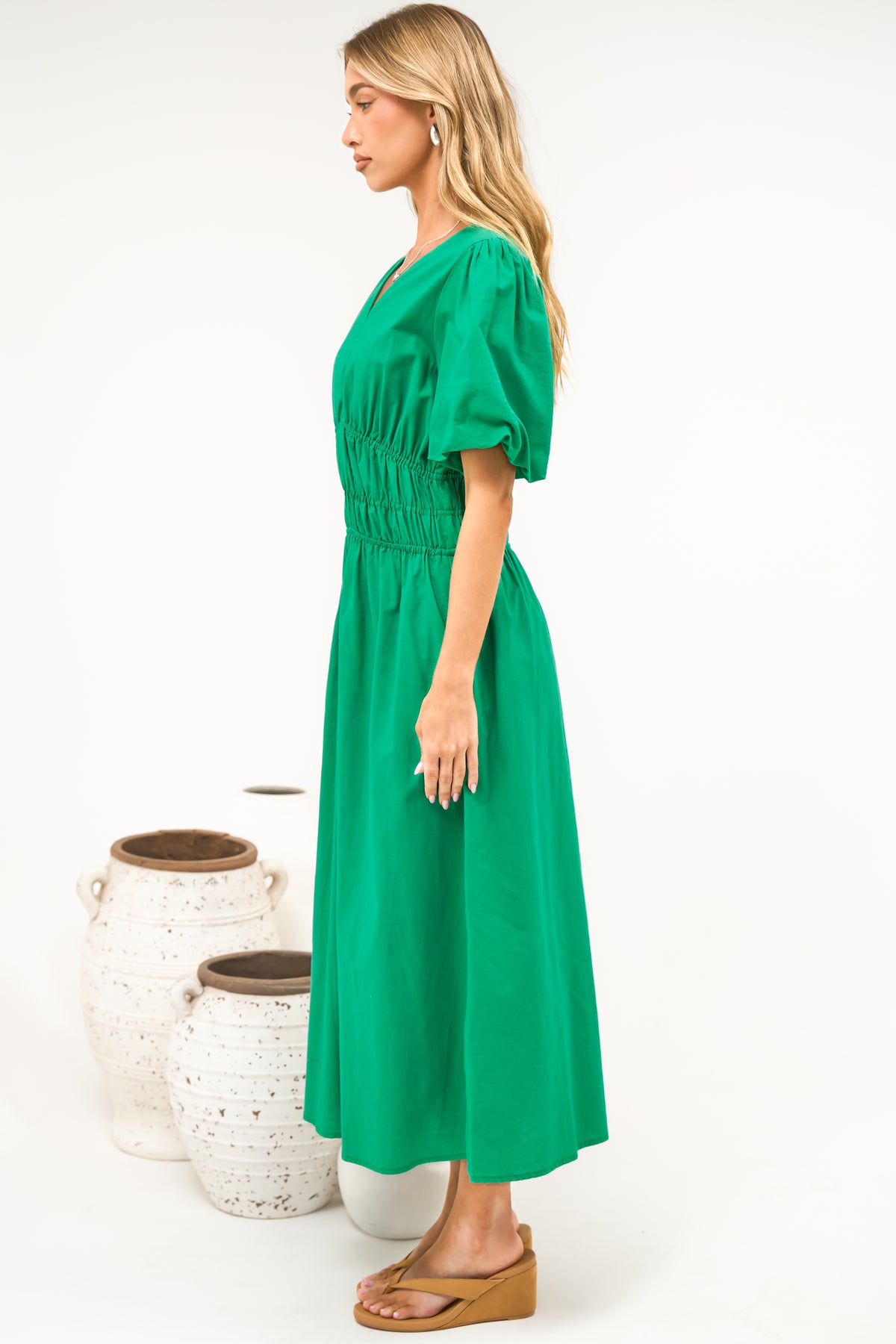 Niorelle Midi Dress - V Neck Tiered A Line Dress with Puff Sleeves in Green