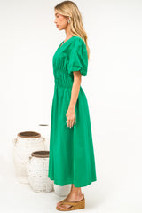 Niorelle Midi Dress - V Neck Tiered A Line Dress with Puff Sleeves in Green
