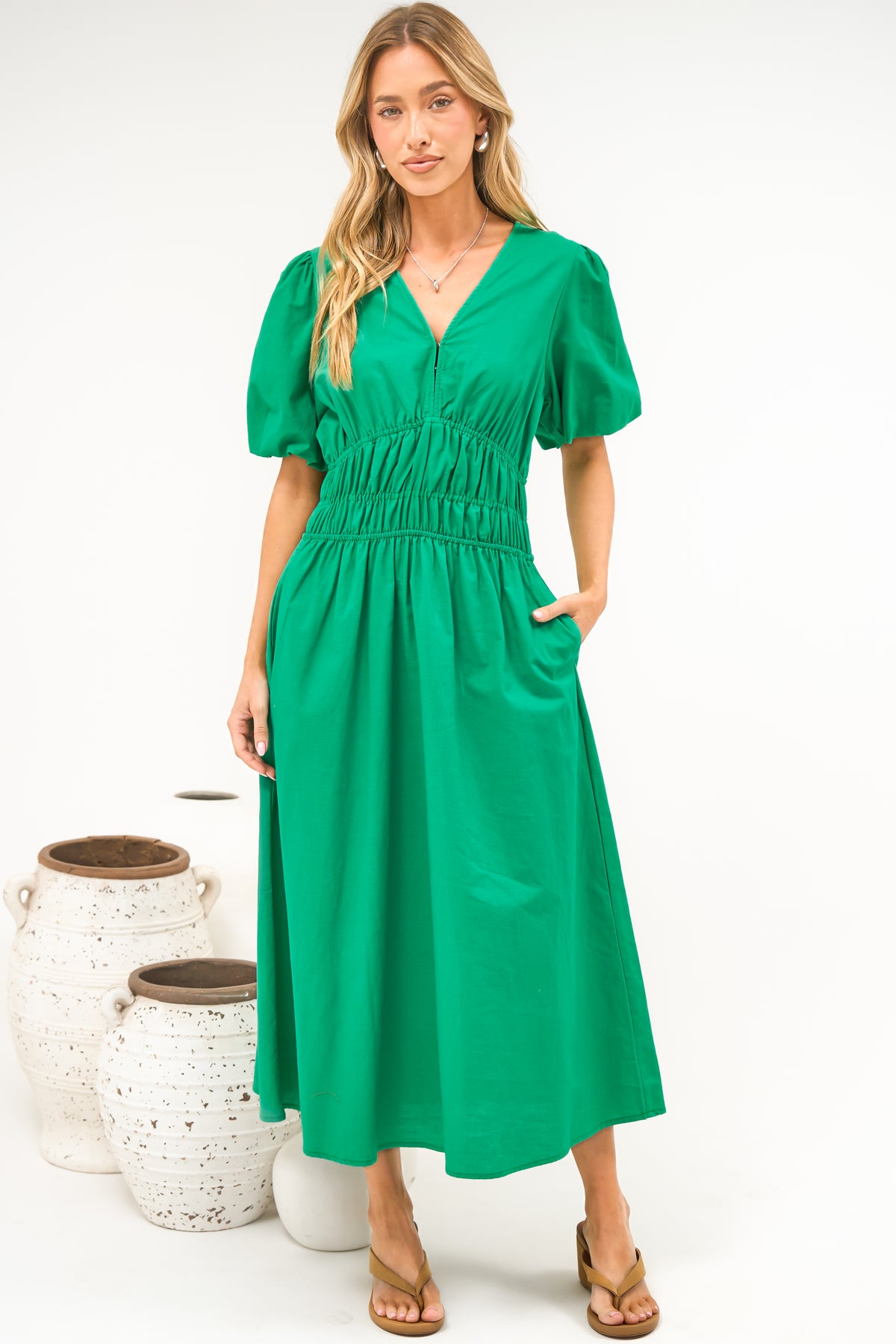 Niorelle Midi Dress - V Neck Tiered A Line Dress with Puff Sleeves in Green