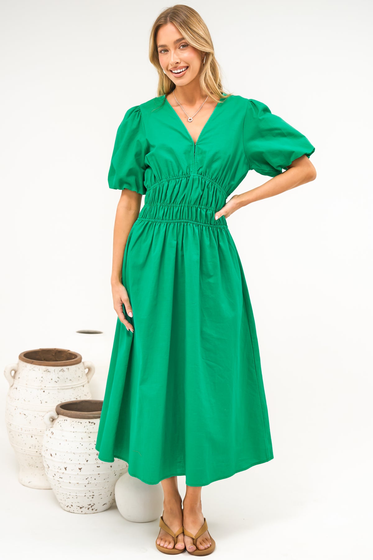 Niorelle Midi Dress - V Neck Tiered A Line Dress with Puff Sleeves in Green