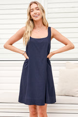 Nisha Mini Dress - Square Neck Relaxed A Line Dress in Navy