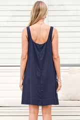 Nisha Mini Dress - Square Neck Relaxed A Line Dress in Navy