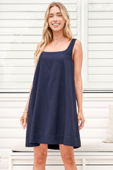 Nisha Mini Dress - Square Neck Relaxed A Line Dress in Navy