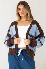 Nolar Cardigan - V Neck Button Front Contrast Trim Bubble Knit in Blue/Chocolate