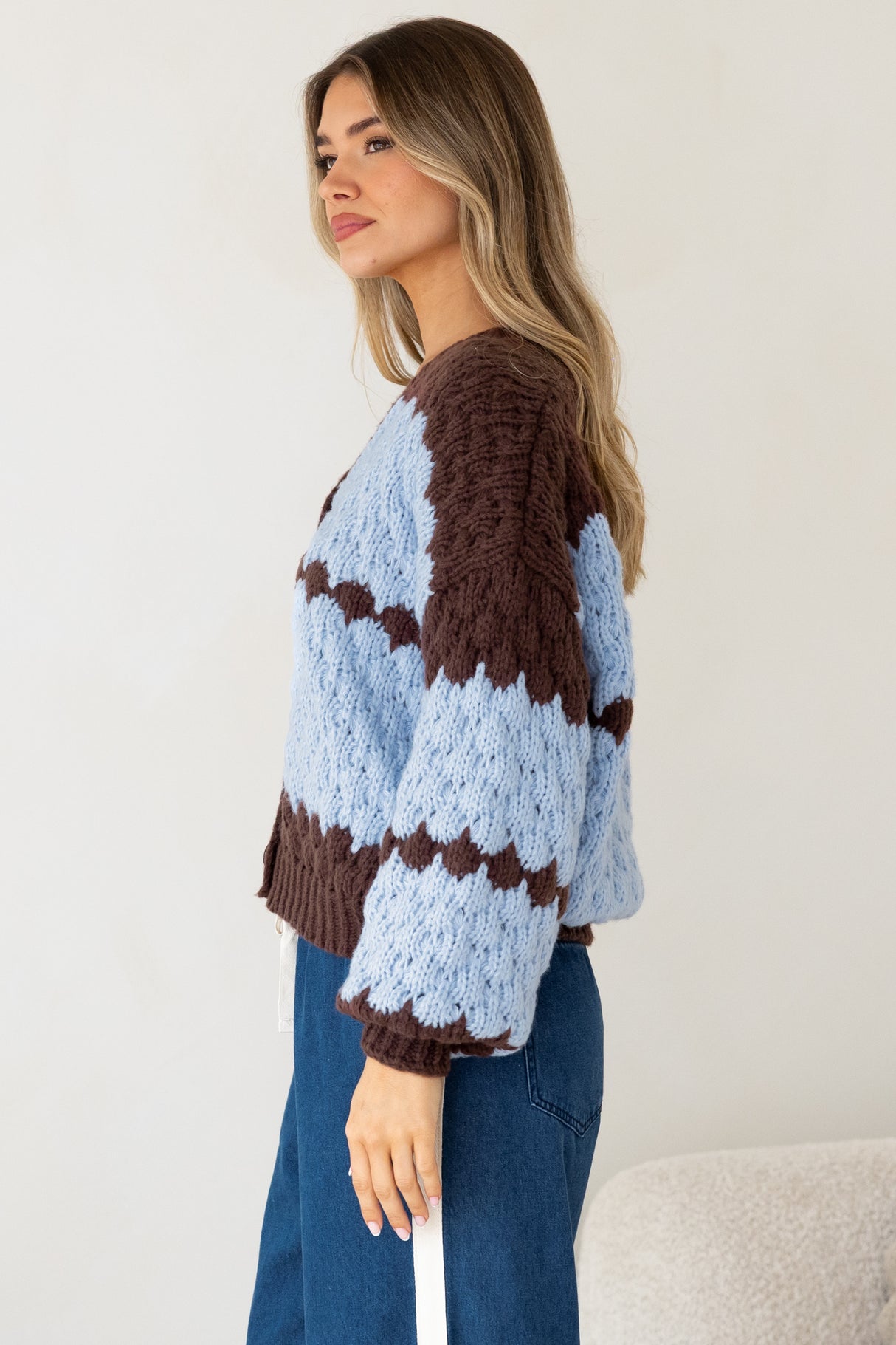 Nolar Cardigan - V Neck Button Front Contrast Trim Bubble Knit in Blue/Chocolate