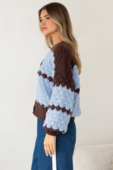 Nolar Cardigan - V Neck Button Front Contrast Trim Bubble Knit in Blue/Chocolate
