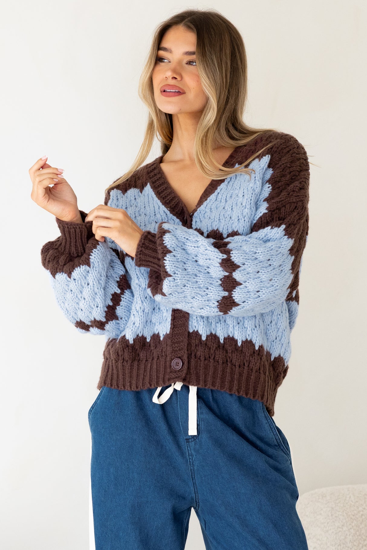 Nolar Cardigan - V Neck Button Front Contrast Trim Bubble Knit in Blue/Chocolate