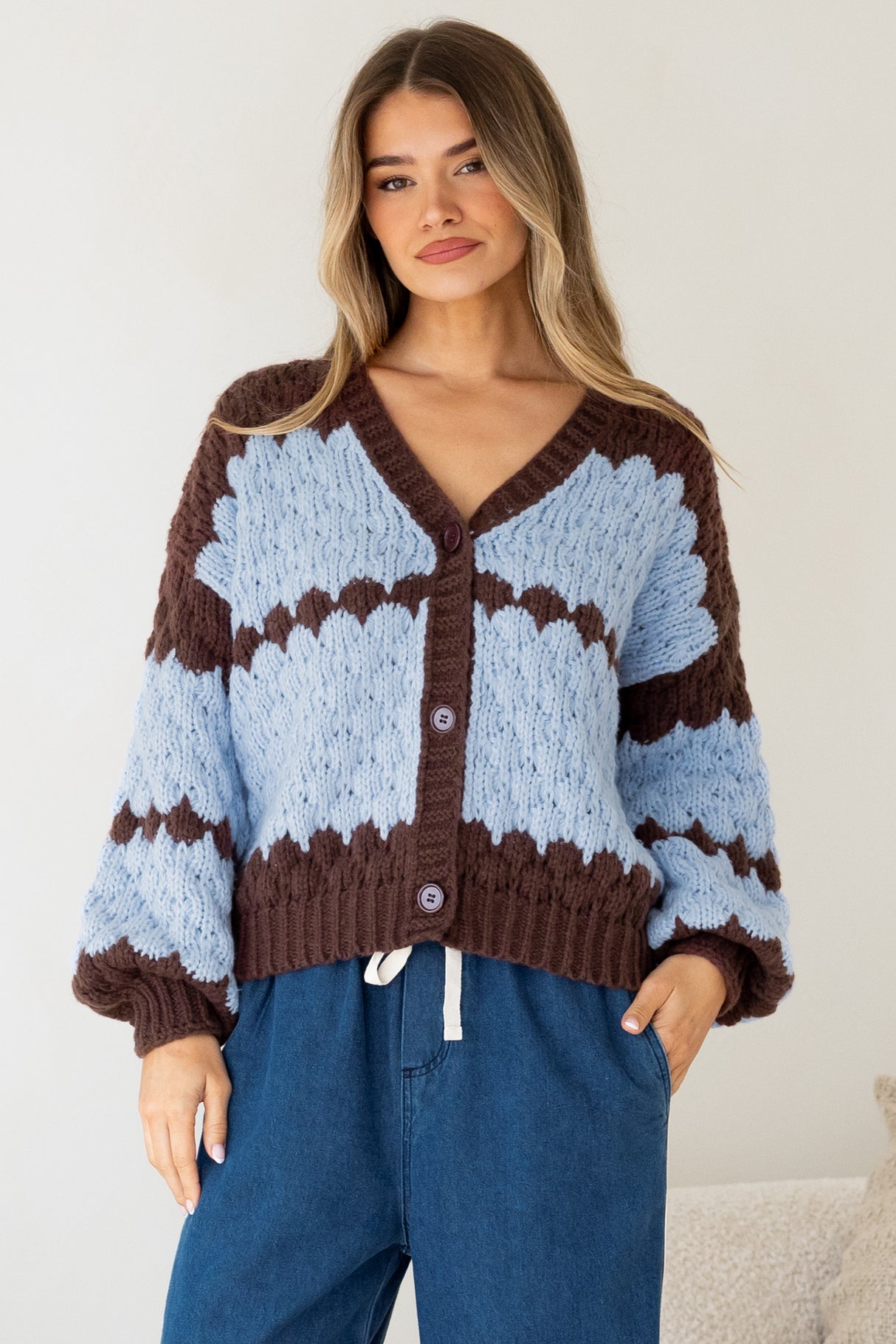 Nolar Cardigan - V Neck Button Front Contrast Trim Bubble Knit in Blue/Chocolate