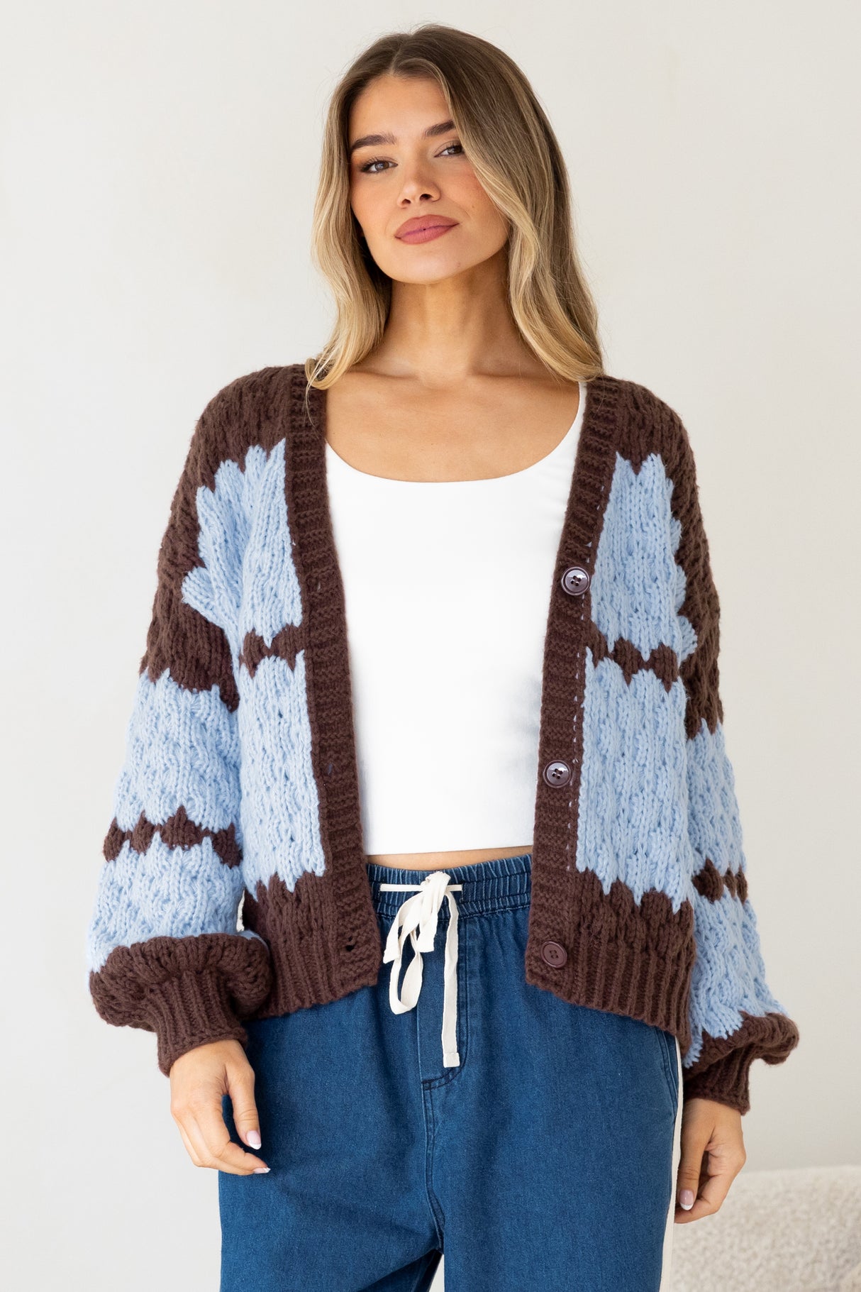 Nolar Cardigan - V Neck Button Front Contrast Trim Bubble Knit in Blue/Chocolate