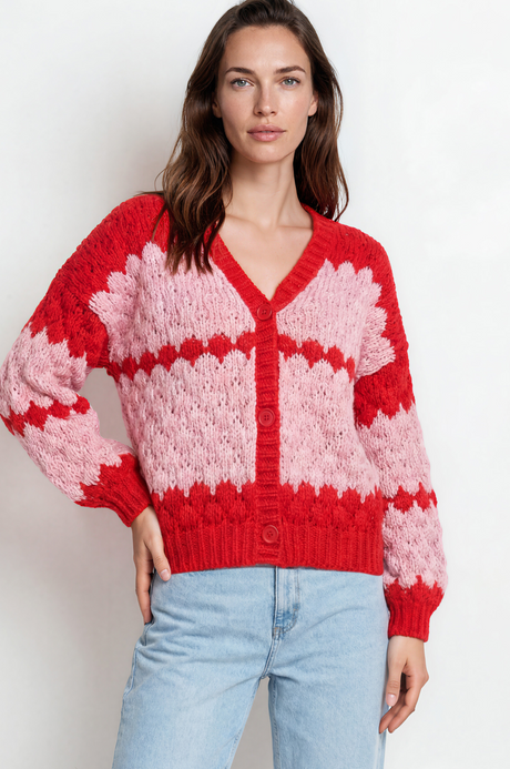 Model wearing Nolar Cardigan in Pink/Red from Salty Crush