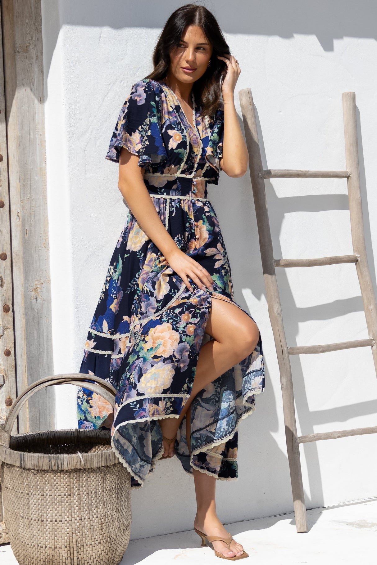 Nolette Maxi Dress - Lace Trim Button Down Dress with Flutter Sleeves in Ana Print Navy