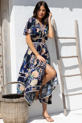 Nolette Maxi Dress - Lace Trim Button Down Dress with Flutter Sleeves in Ana Print Navy