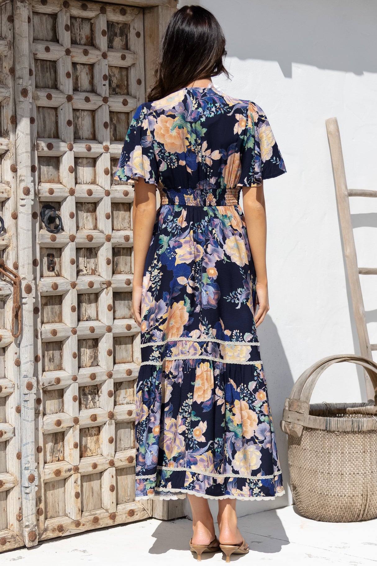 Nolette Maxi Dress - Lace Trim Button Down Dress with Flutter Sleeves in Ana Print Navy
