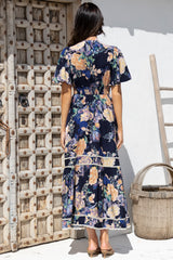 Nolette Maxi Dress - Lace Trim Button Down Dress with Flutter Sleeves in Ana Print Navy