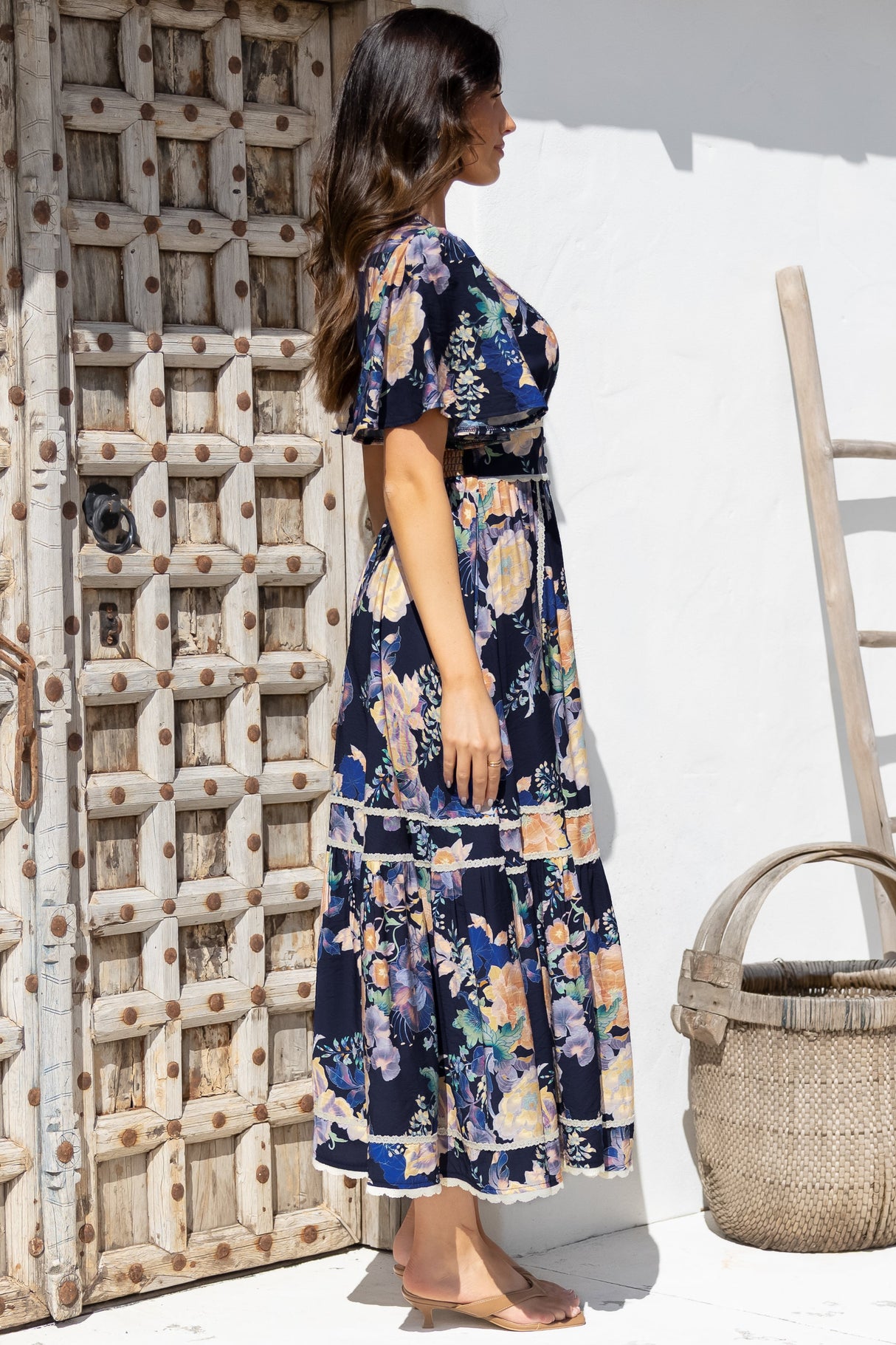 Nolette Maxi Dress - Lace Trim Button Down Dress with Flutter Sleeves in Ana Print Navy