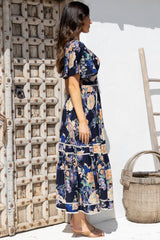 Nolette Maxi Dress - Lace Trim Button Down Dress with Flutter Sleeves in Ana Print Navy