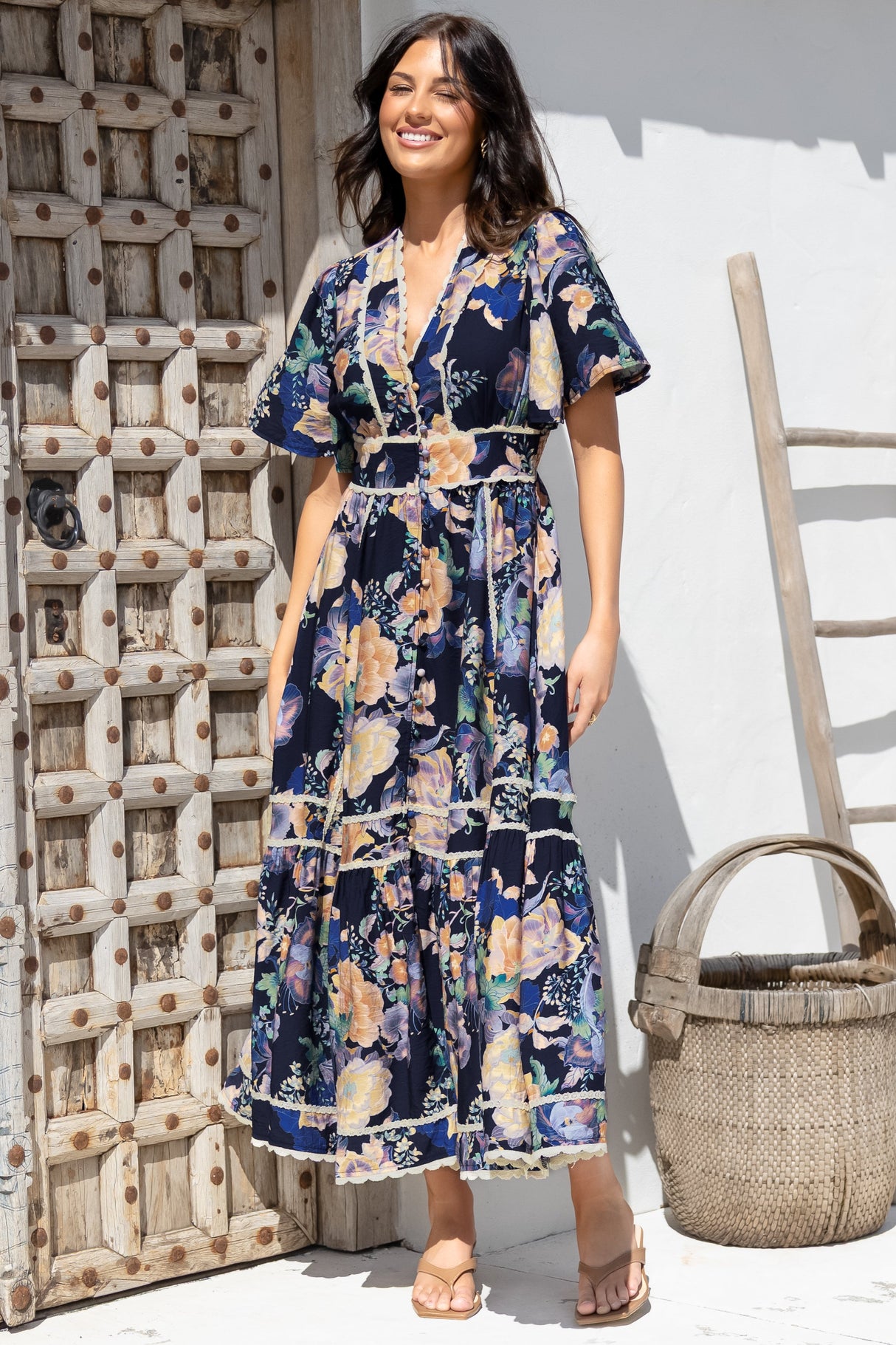 Nolette Maxi Dress - Lace Trim Button Down Dress with Flutter Sleeves in Ana Print Navy