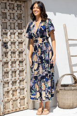 Nolette Maxi Dress - Lace Trim Button Down Dress with Flutter Sleeves in Ana Print Navy