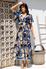 Nolette Maxi Dress - Lace Trim Button Down Dress with Flutter Sleeves in Ana Print Navy