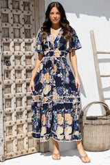 Nolette Maxi Dress - Lace Trim Button Down Dress with Flutter Sleeves in Ana Print Navy