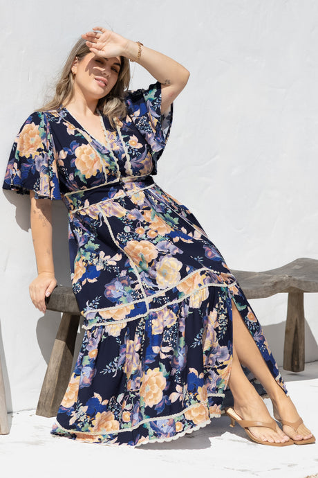 Nolette Maxi Dress - Lace Trim Button Down Dress with Flutter Sleeves in Ana Print Navy