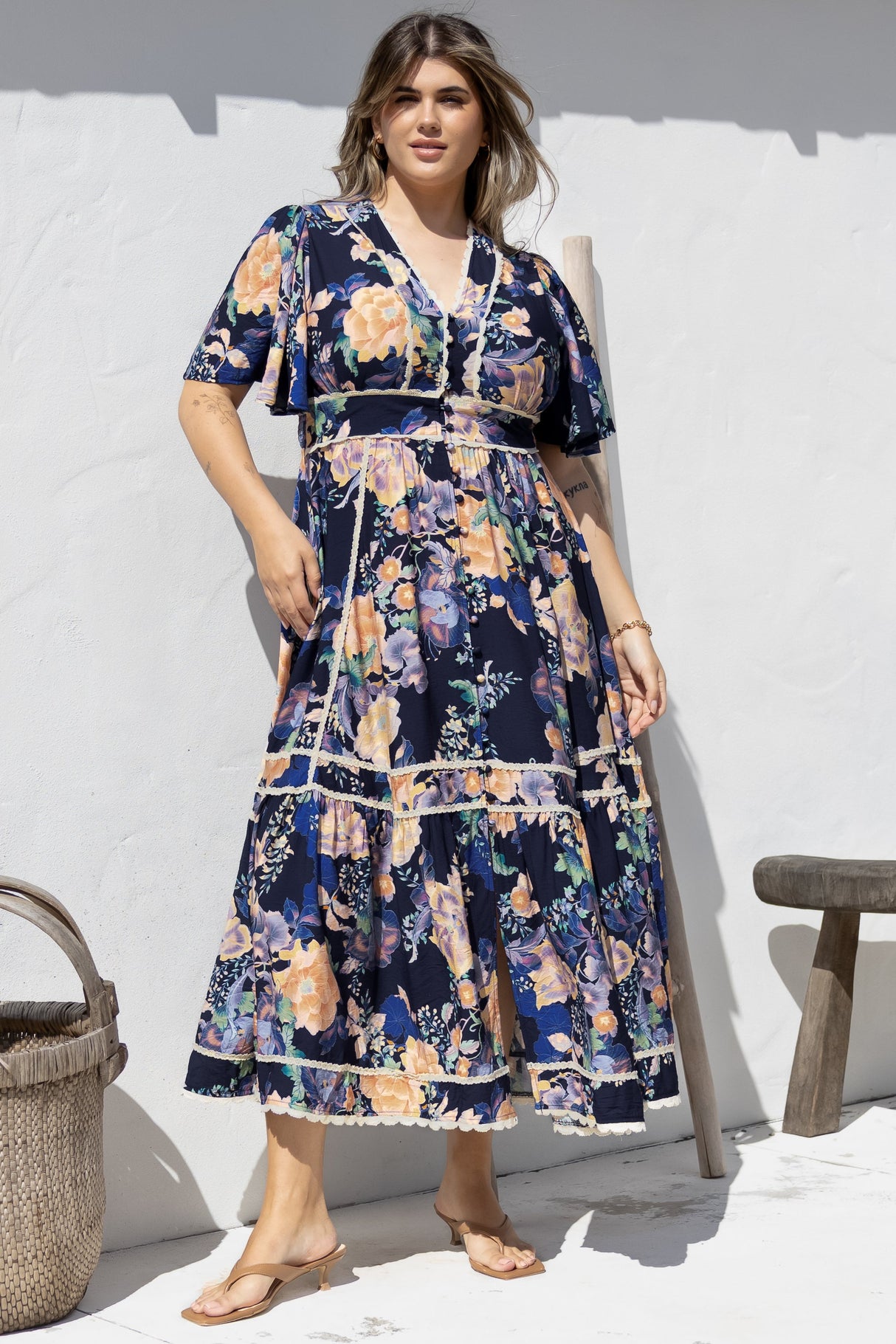 Nolette Maxi Dress - Lace Trim Button Down Dress with Flutter Sleeves in Ana Print Navy
