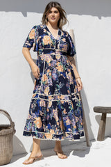 Nolette Maxi Dress - Lace Trim Button Down Dress with Flutter Sleeves in Ana Print Navy