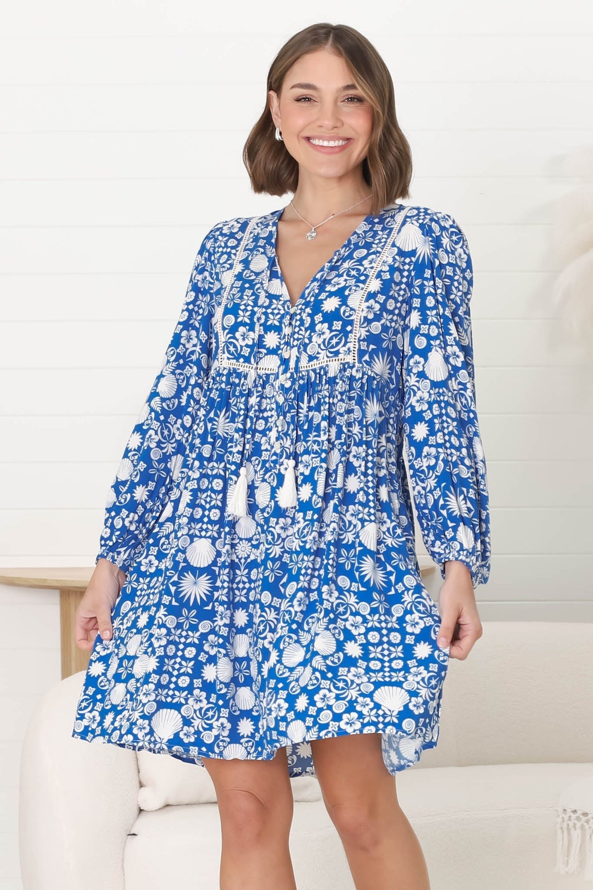 Nora Mini Dress - Long Sleeve Baby Doll Dress in Ember Print