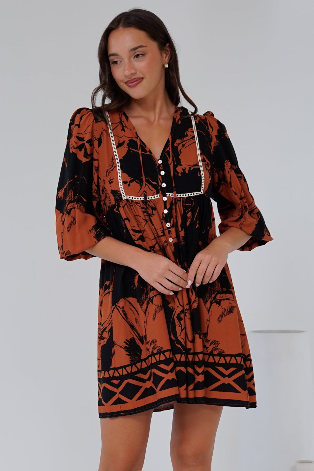 Nora Mini Dress - Long Sleeve Baby Doll Dress in Joslyn Print