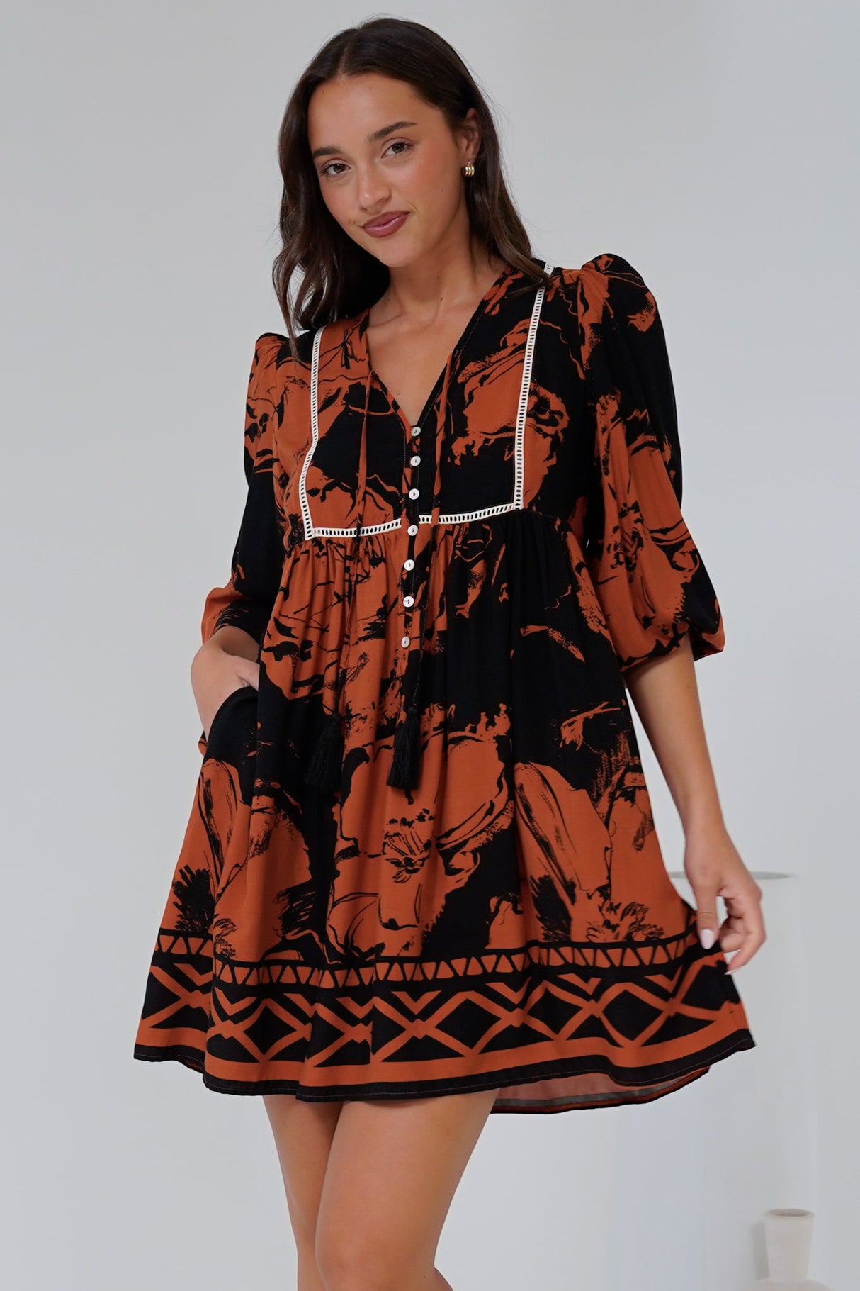 Nora Mini Dress - Long Sleeve Baby Doll Dress in Joslyn Print