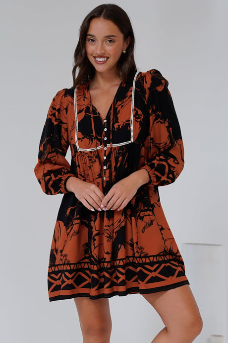 Nora Mini Dress - Long Sleeve Baby Doll Dress in Joslyn Print