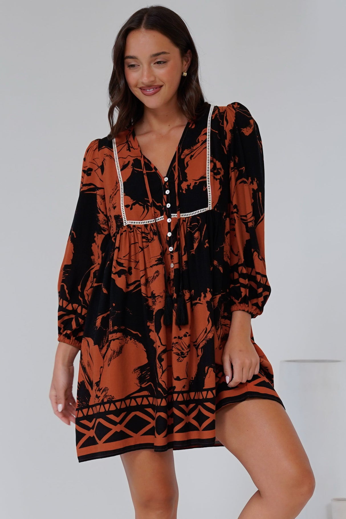 Nora Mini Dress - Long Sleeve Baby Doll Dress in Joslyn Print