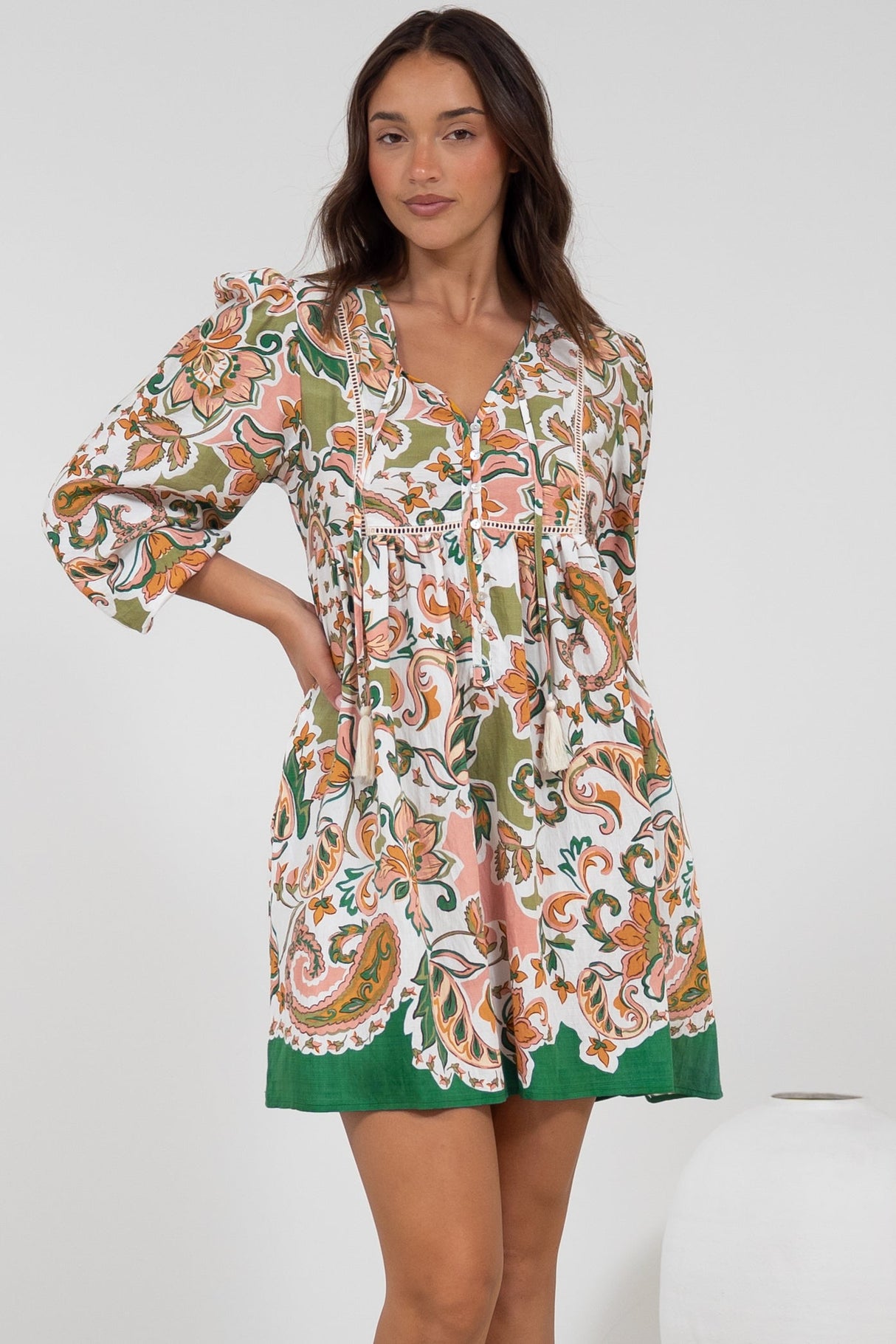Nora Mini Dress - Long Sleeve Baby Doll Dress in Marcia Print