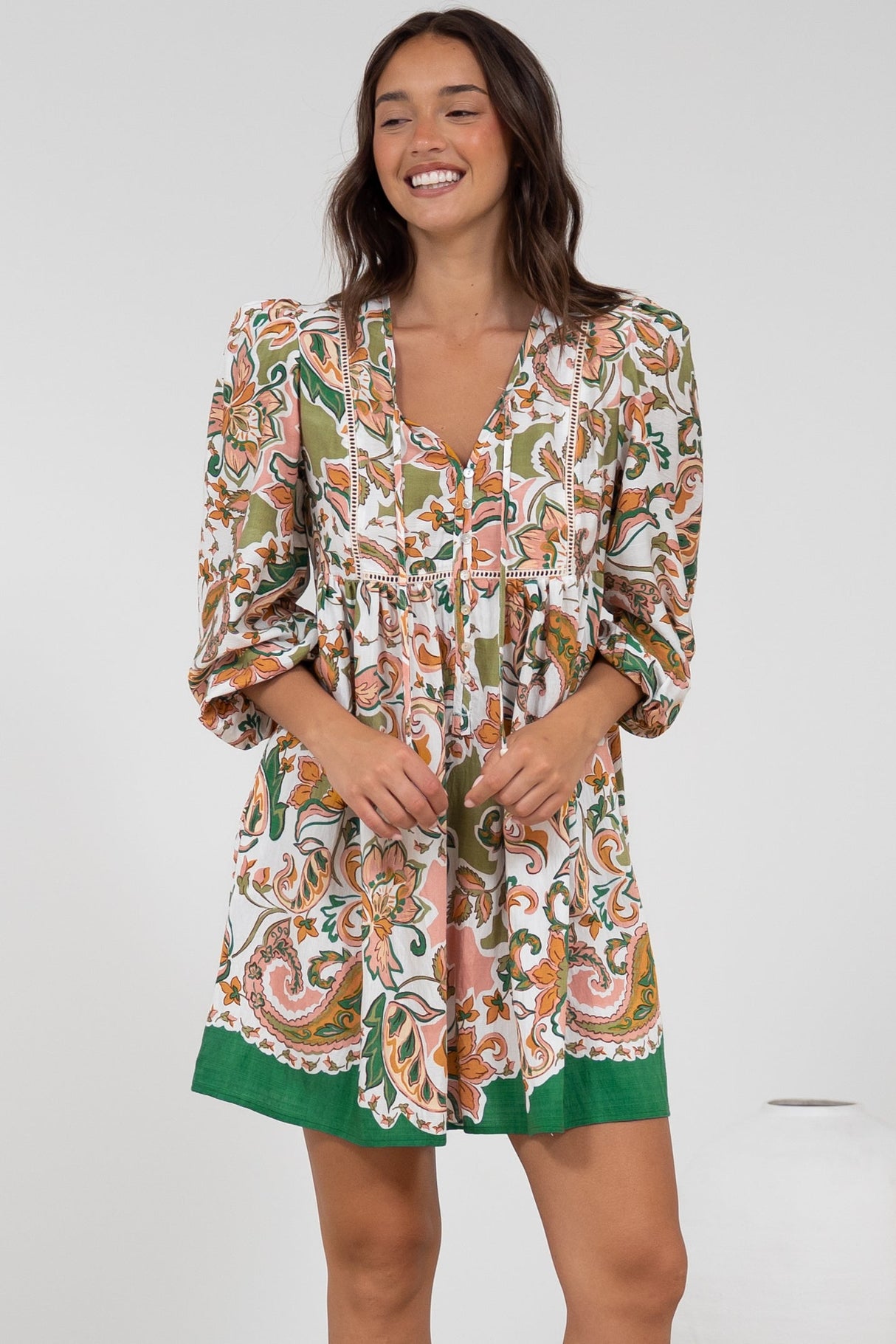 Nora Mini Dress - Long Sleeve Baby Doll Dress in Marcia Print