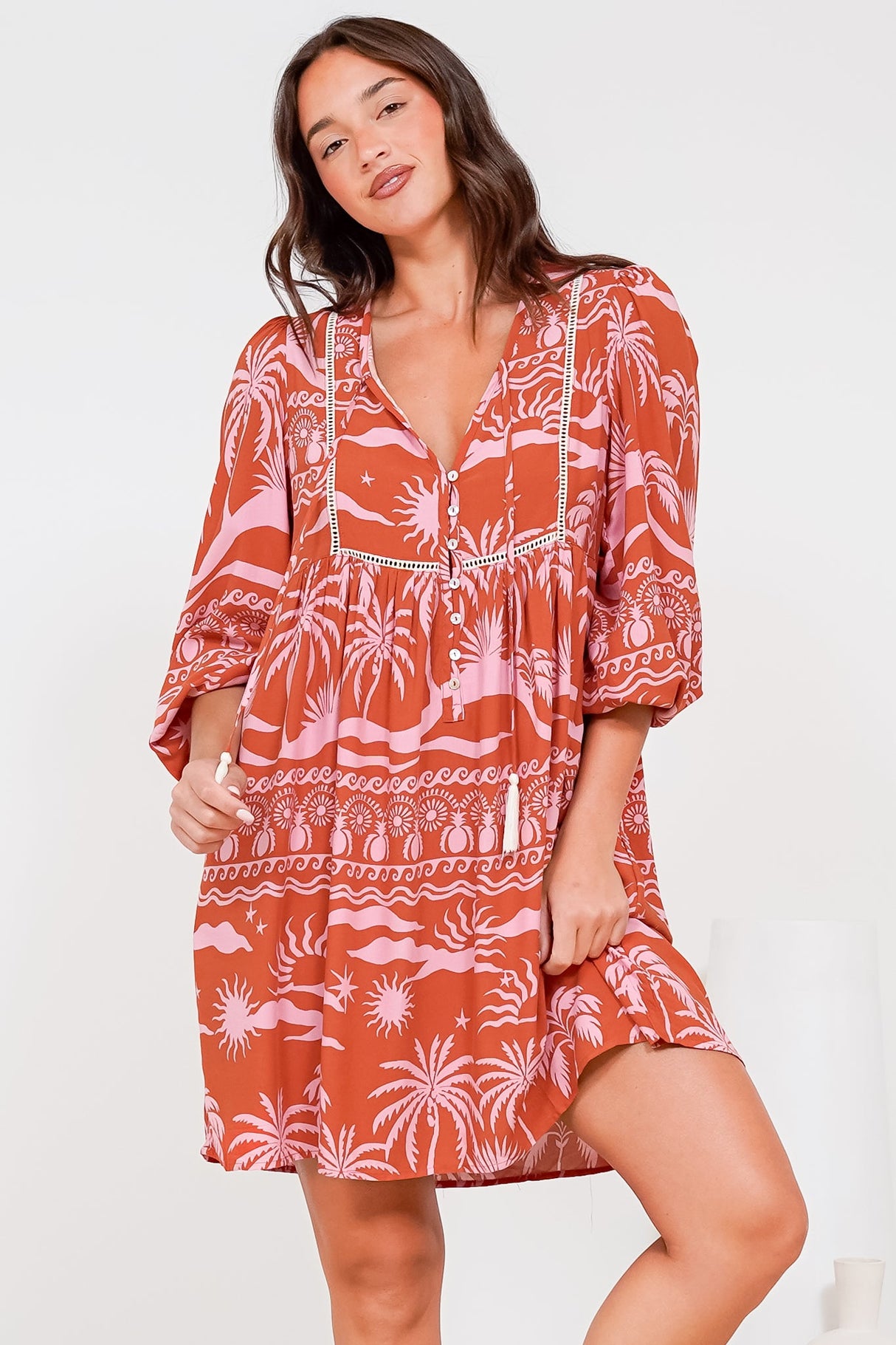 Nora Mini Dress - Long Sleeve Baby Doll Dress in Sandee Print