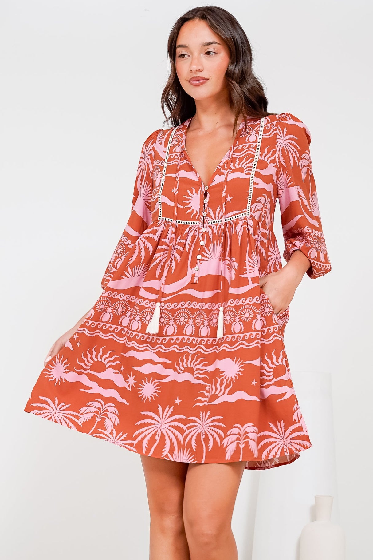 Nora Mini Dress - Long Sleeve Baby Doll Dress in Sandee Print