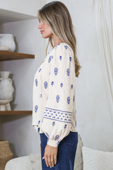 Nouveau Top - V Neck Embroidered Pullover with Long Cuffed Sleeves in Cream