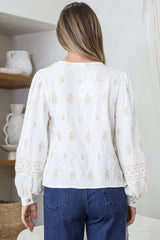 Nouveau Top - V Neck Embroidered Pullover with Long Cuffed Sleeves in White