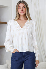 Nouveau Top - V Neck Embroidered Pullover with Long Cuffed Sleeves in White