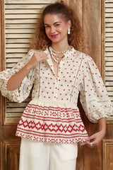 Nova Top - Mandarin Collar Pull Over Pleat Detailed Top in Fay Print