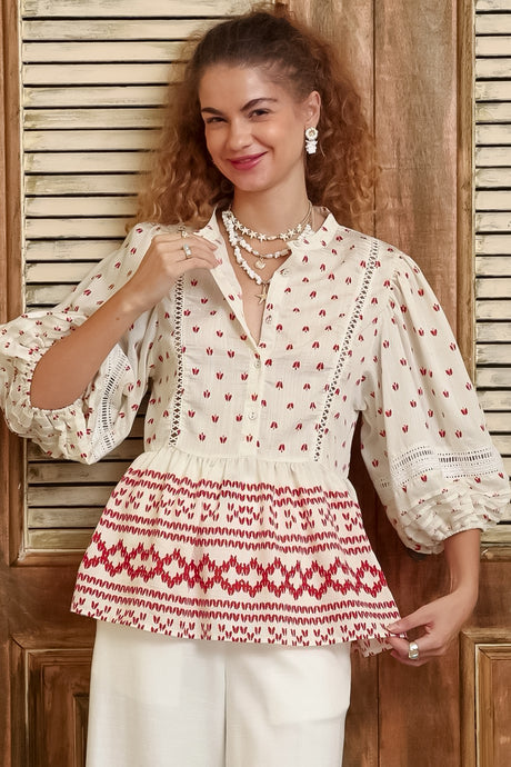 Nova Top - Mandarin Collar Pull Over Pleat Detailed Top in Fay Print