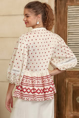 Nova Top - Mandarin Collar Pull Over Pleat Detailed Top in Fay Print