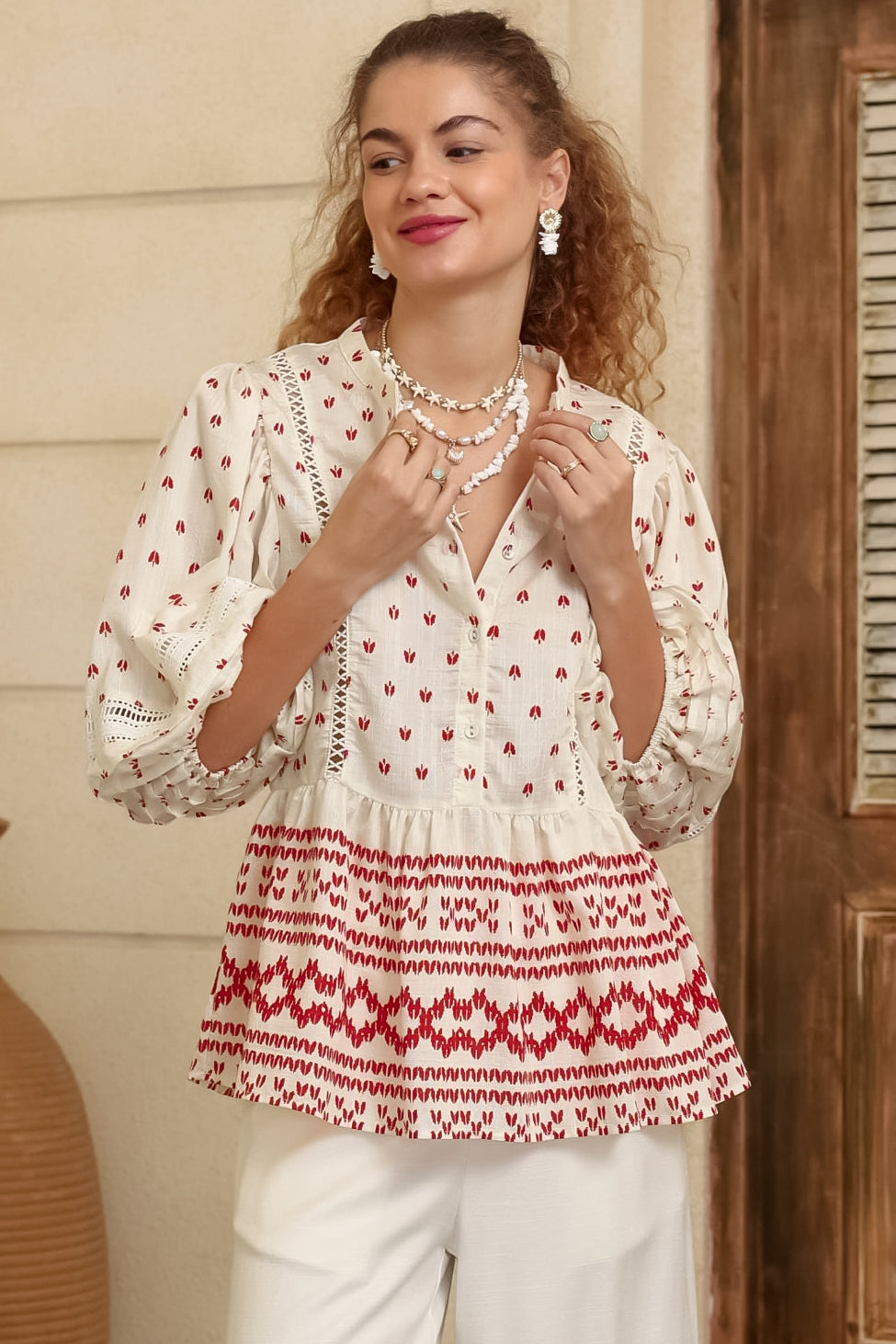 Nova Top - Mandarin Collar Pull Over Pleat Detailed Top in Fay Print