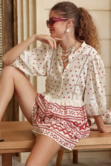 Nova Top - Mandarin Collar Pull Over Pleat Detailed Top in Fay Print