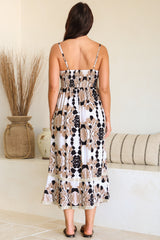 Novalie Midi Dress - Spaghetti Strap Sun Dress with Lace Splicing and Pockets in Calea Print Beige