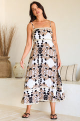 Novalie Midi Dress - Spaghetti Strap Sun Dress with Lace Splicing and Pockets in Calea Print Beige