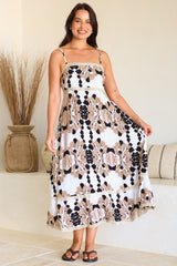 Novalie Midi Dress - Spaghetti Strap Sun Dress with Lace Splicing and Pockets in Calea Print Beige