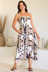 Novalie Midi Dress - Spaghetti Strap Sun Dress with Lace Splicing and Pockets in Calea Print Beige