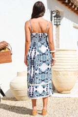Novalie Midi Dress - Spaghetti Strap Sun Dress with Lace Splicing and Pockets in Calea Print Blue