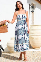 Novalie Midi Dress - Spaghetti Strap Sun Dress with Lace Splicing and Pockets in Calea Print Blue